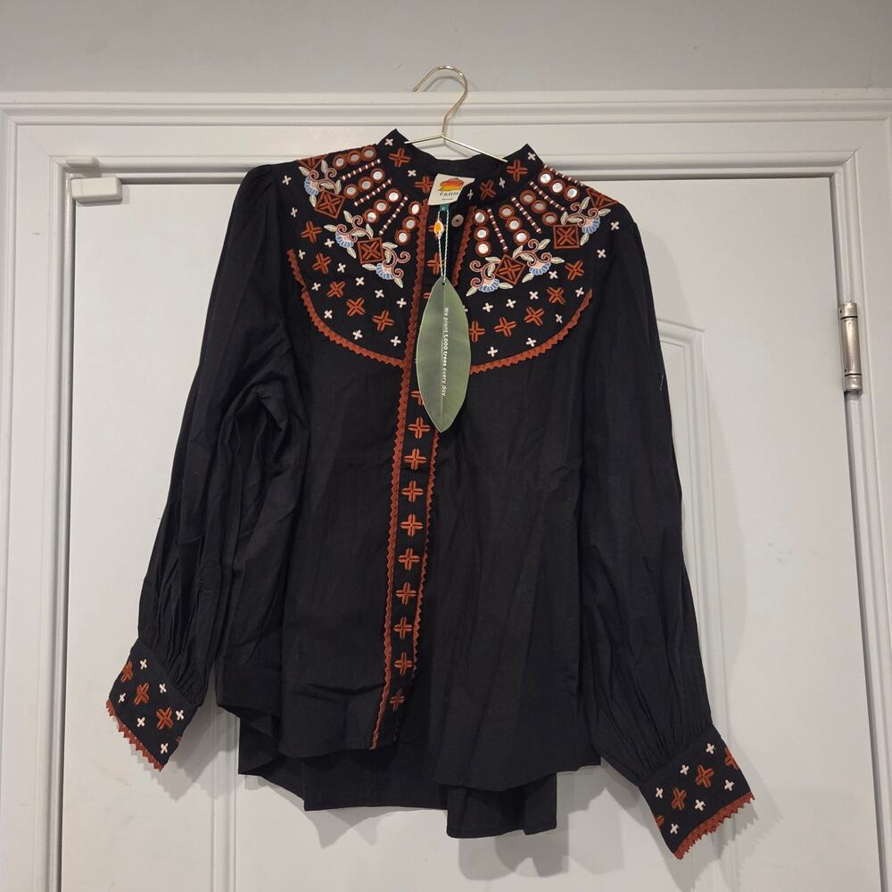 Farm Rio Embroidered cotton button front black blouse size XL - Picture 5 of 12